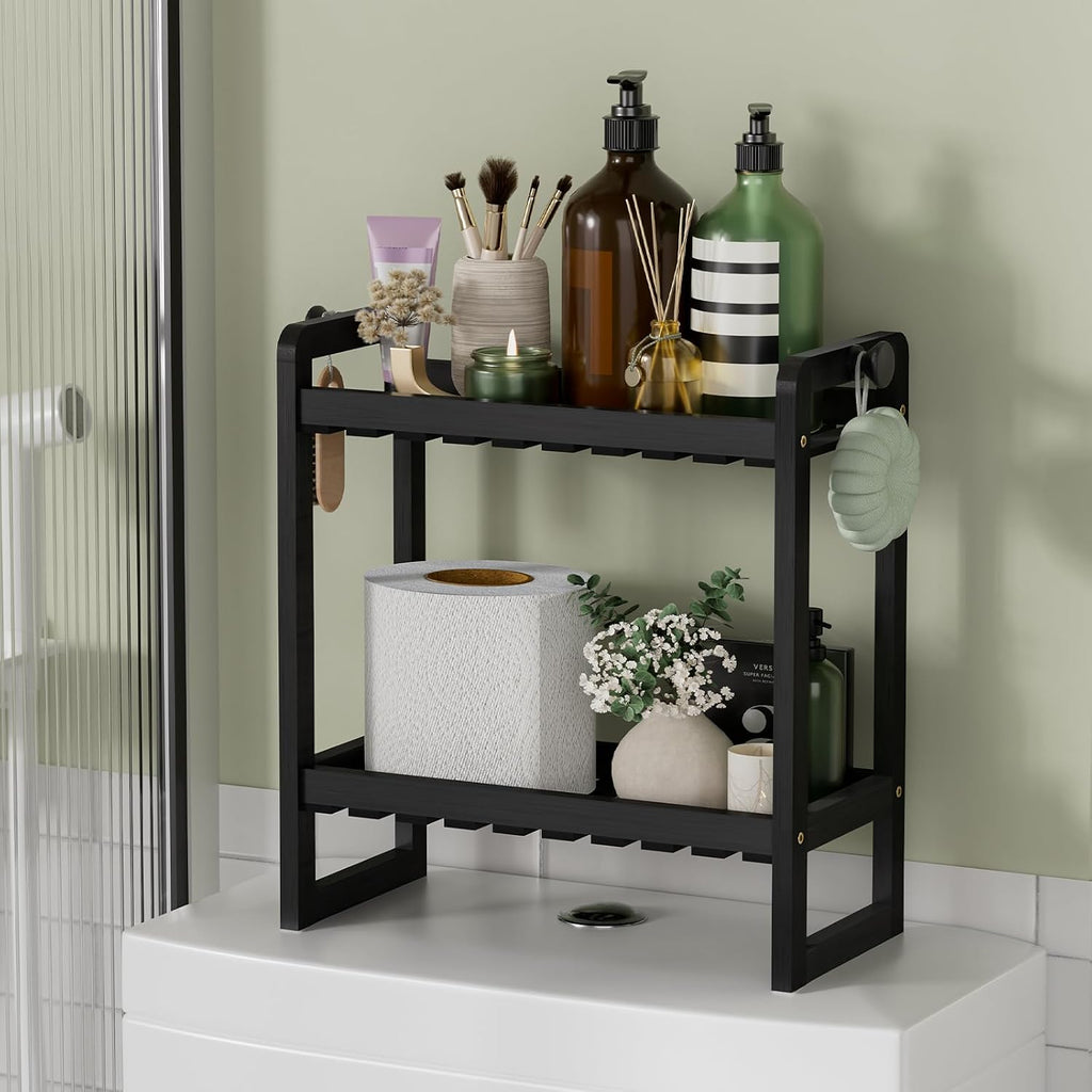 AmazerBath Bamboo Over The Toilet Storage Shelf - 2-Tier Bathroom Organizers and Storage Shelves, 2 in 1 Dual Stable Above Over Toilet Bathrooms Shelf Home Storages Rack for Small Bathroom, Black