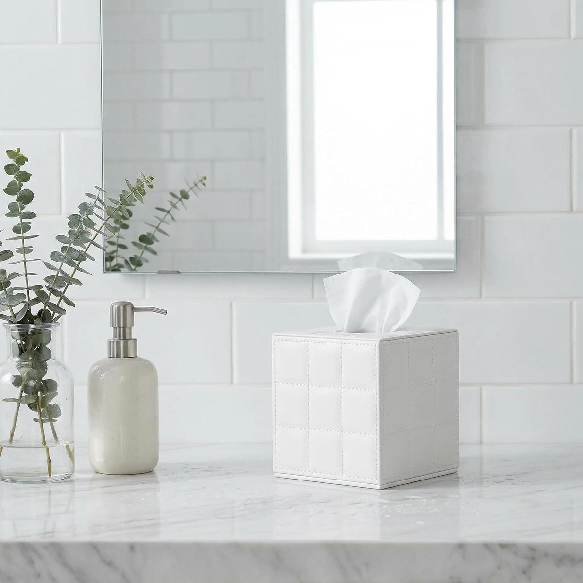 Square PU Leather Tissue Box Cover Holder with Magnetic Bottom(White Grid)
