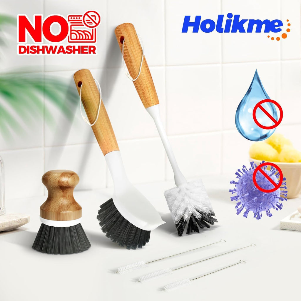 Holikme 6 Pack Dish Brush with Bottle Brush Scrub Brush Straw,Charcoal