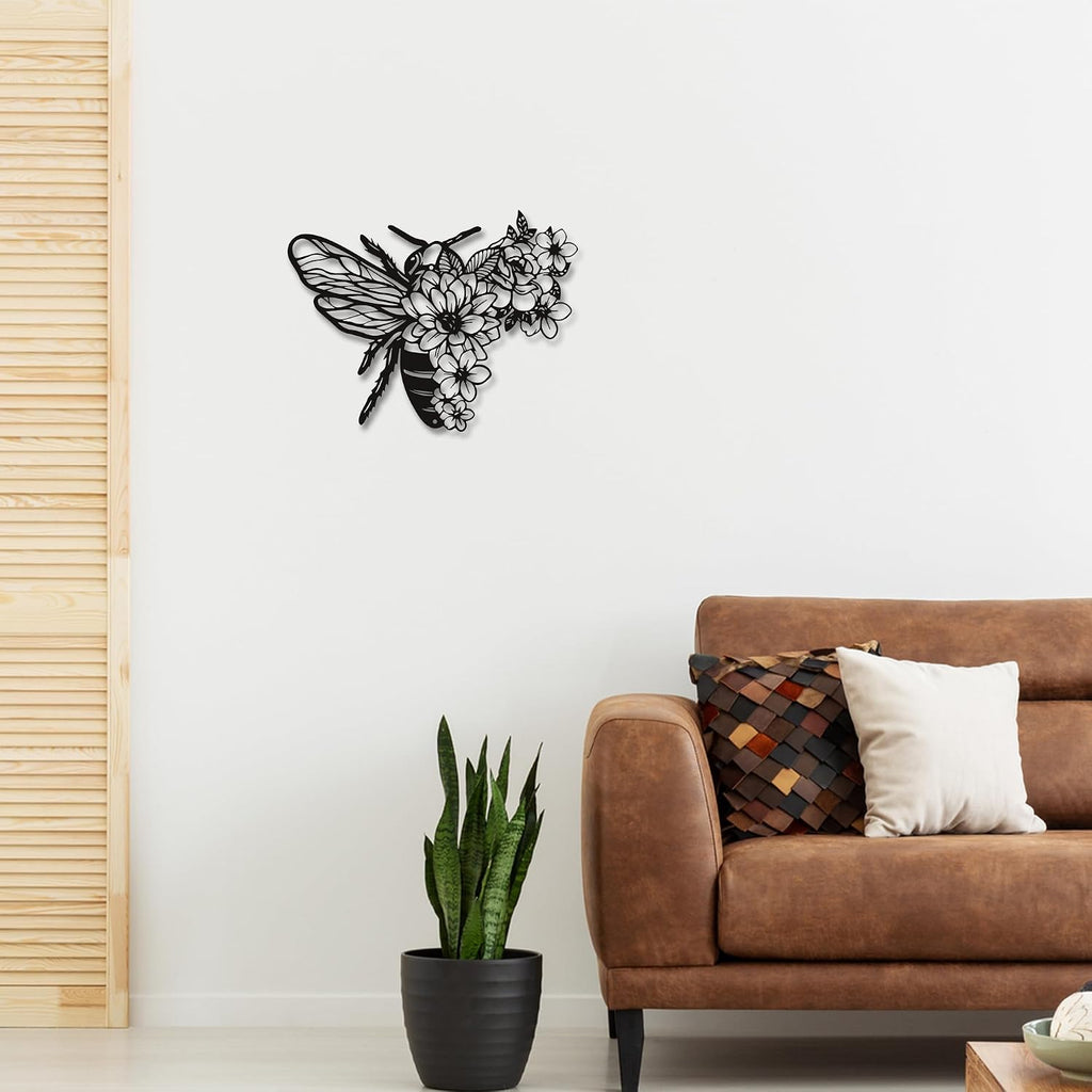 Rajukit Modern Bohemian Bee Flower Metal Wall Art Black