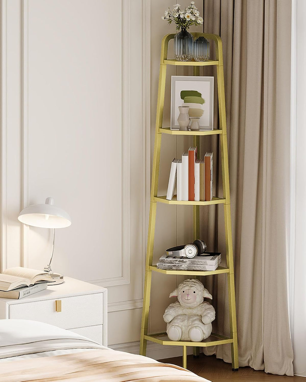 CHOEZON 5-Tier Corner Shelf, 59.6” Corner Storage Stand, Floorstanding Dispaly Rack, Tempered Glass Corner Bookshelf, Open Plant Stand, for Living Room, Bedroom, Study, Bathroom, Gold TCJ21GJ