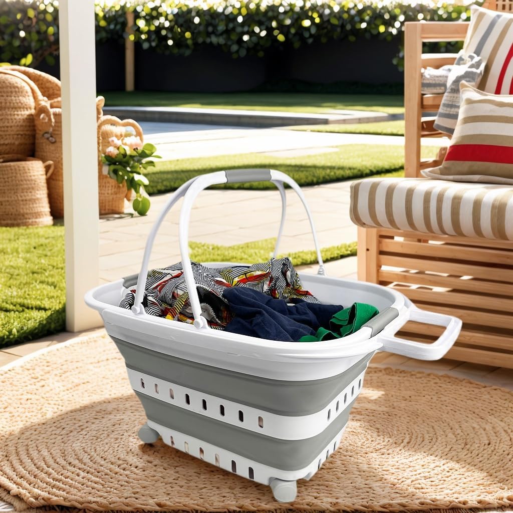 SAMMART 35L (9.24 Gallons) Collapsible Plastic Laundry Basket with Handle and Wheels - Foldable Pop Up Storage Container/Organizer with handle and wheels - Space Saving (1, White/Grey)