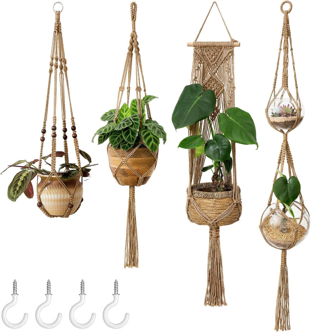 Mkono Macrame Plant Hangers Indoor Set of 4 Hanging Planter Basket Brown