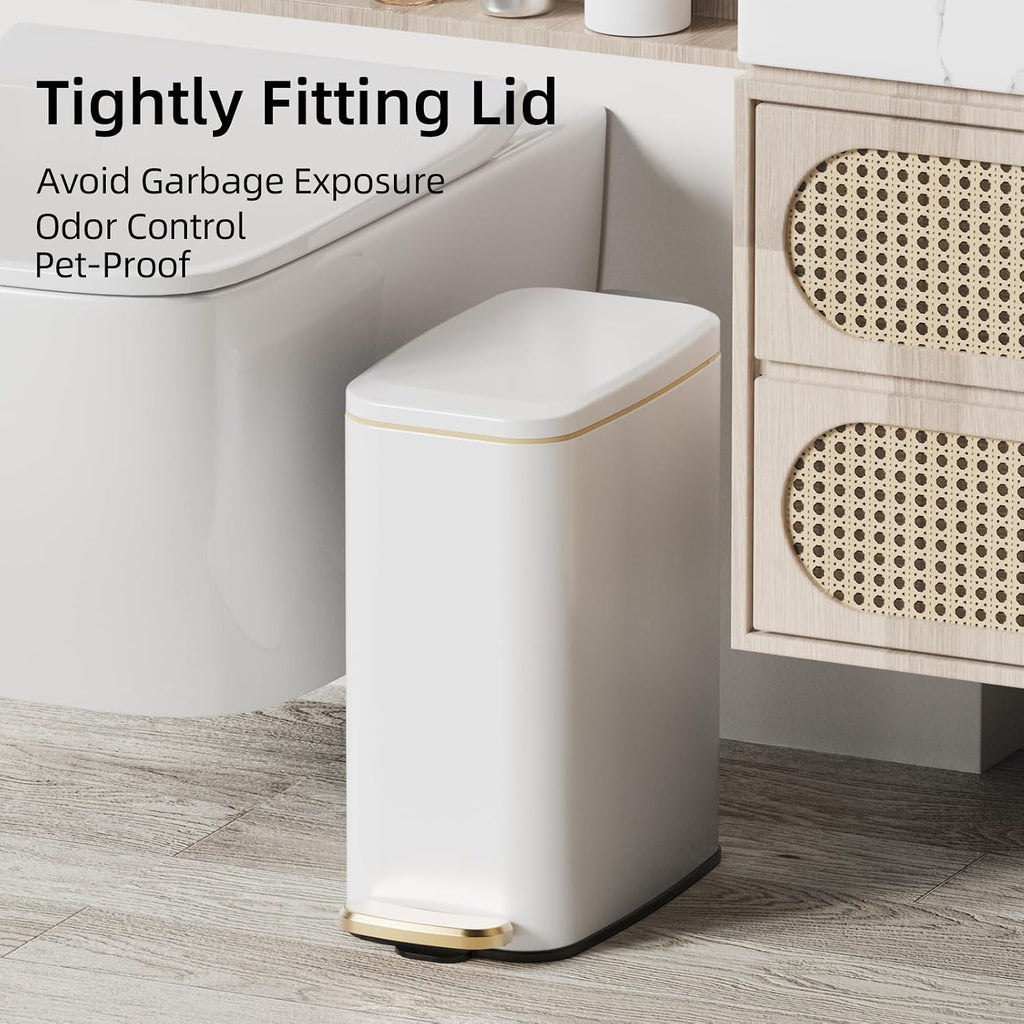 KUK Slim Bathroom Trash Can with Lid, 1.6 Gal / 6L Stainless Steel Small Garbage Bin with Detachable Inner Bucket, Step Pedal, Silent Close, Wastebasket for Toilet, Bedroom, Home, Office (White)