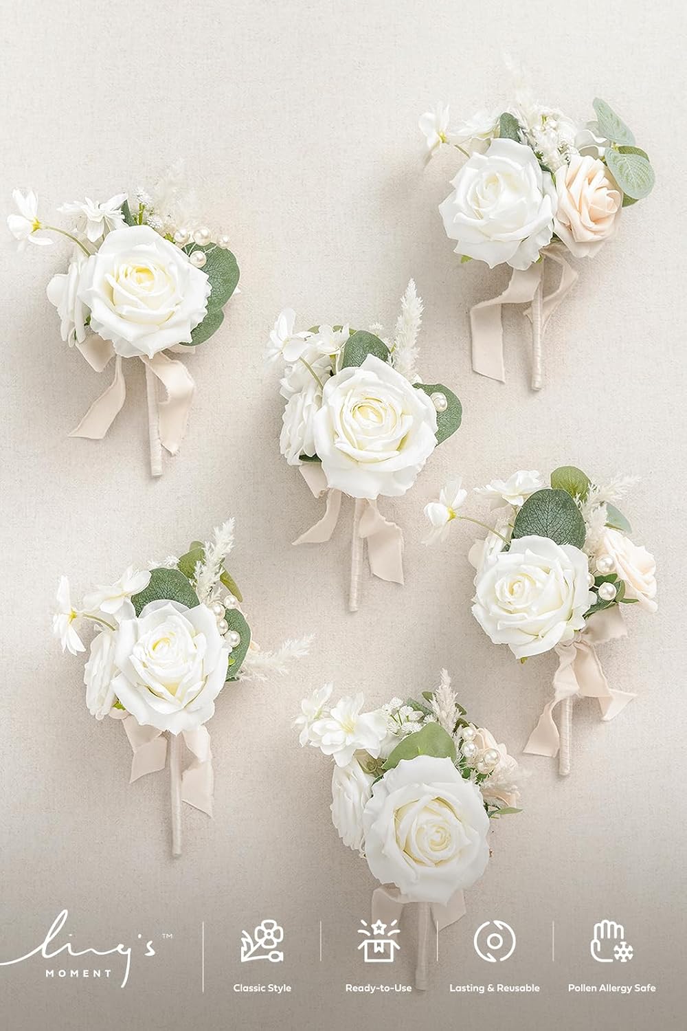 Ling's moment Wedding Flowers Mini Bridesmaid Bouquets, 6 Pcs White