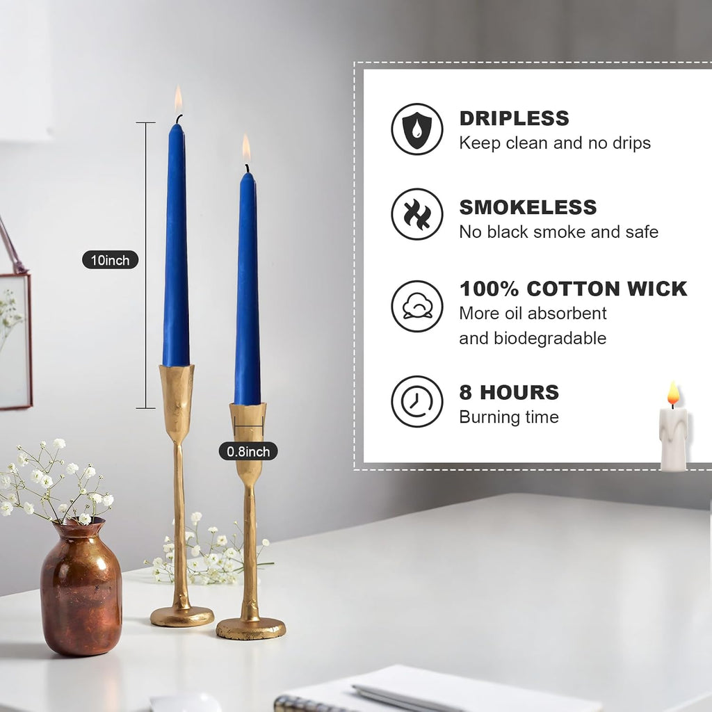 Blue Taper Candles, 12 Pack 7/8"x10" Dripless Unscented Candlesticks