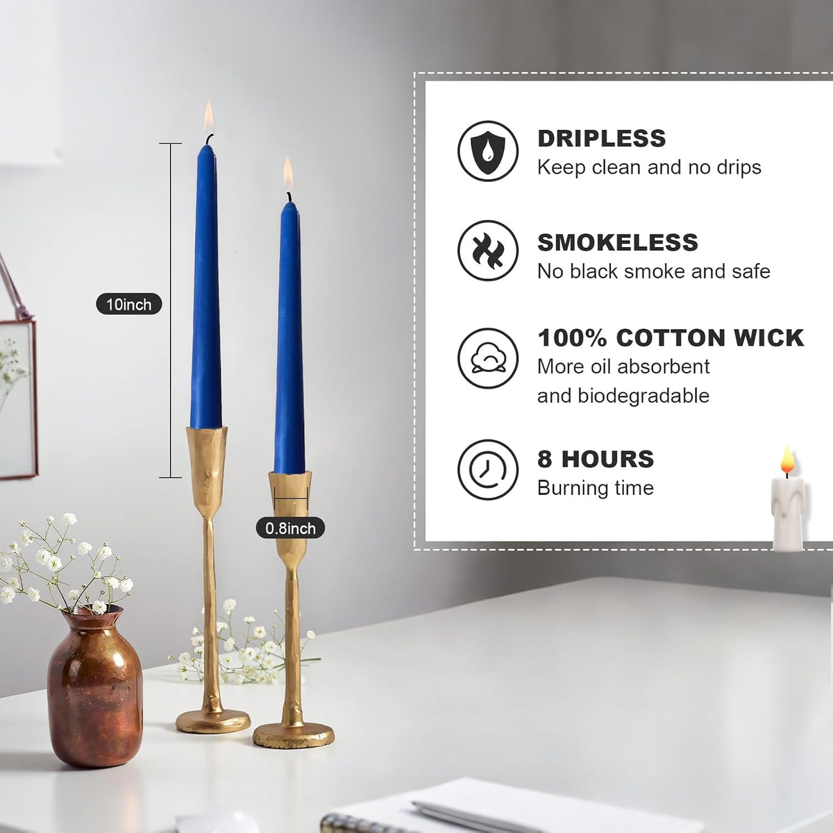 Blue Taper Candles, 12 Pack 7/8"x10" Dripless Unscented Candlesticks