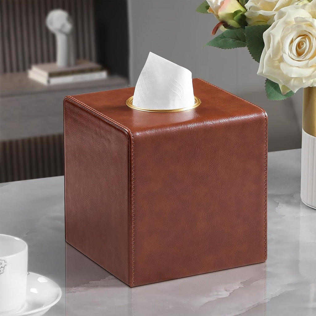 Square Tissue Box Cover with Magnetic Closure, Brown