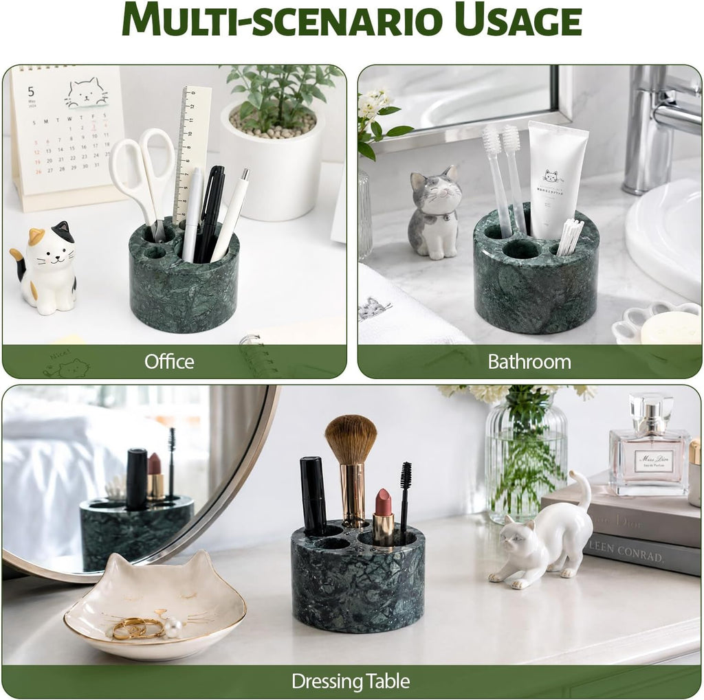BCS Toothbrush Holder for Bathrooms, Cute 4 Slots Open-Bottom Marble Toothbrush and Toothpaste Holder Stand Bathroom Organizer Countertop for Electric Toothbrush, Floss, Razor, Comb - Indian Green
