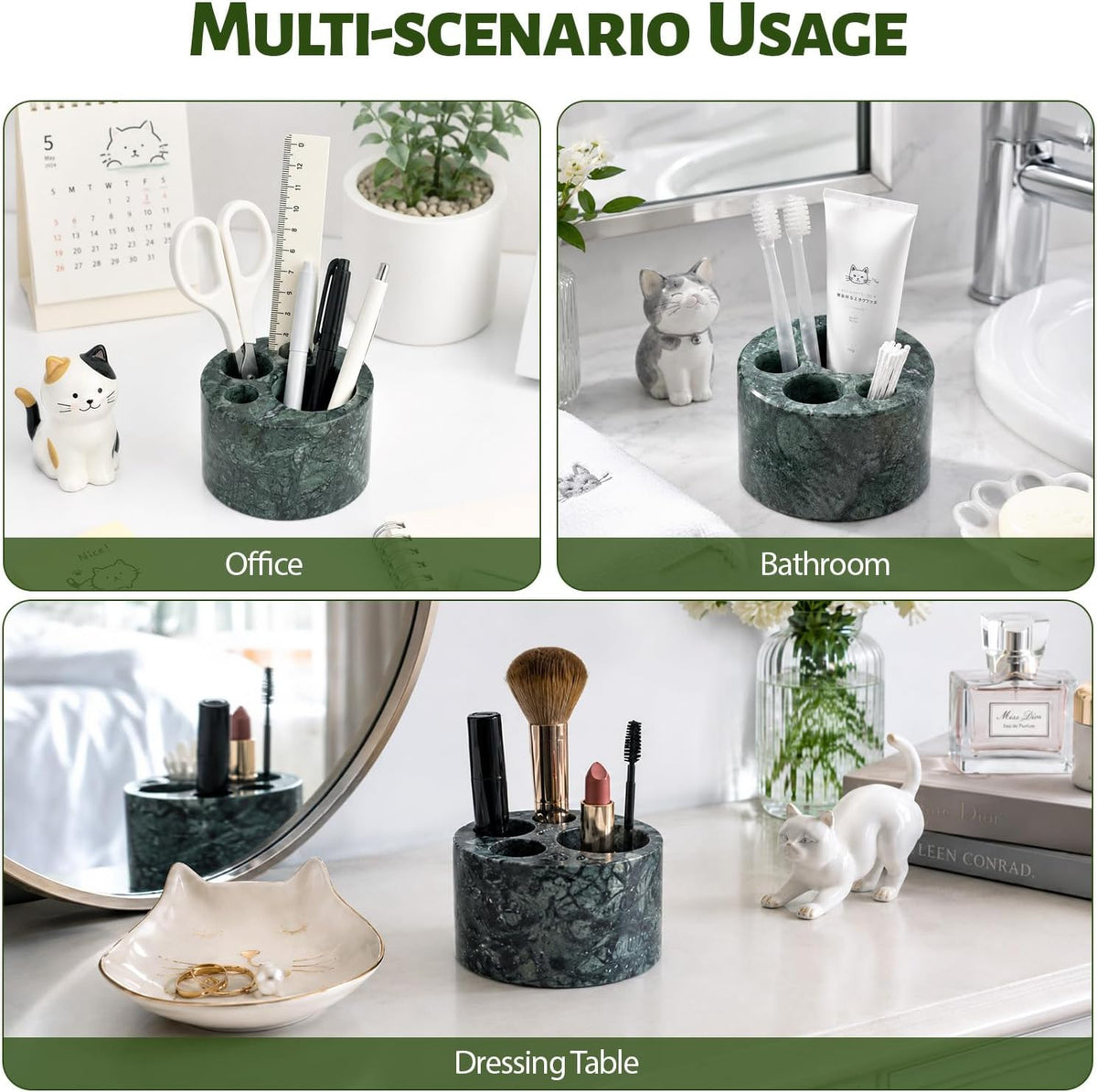 BCS Toothbrush Holder for Bathrooms, Cute 4 Slots Open-Bottom Marble Toothbrush and Toothpaste Holder Stand Bathroom Organizer Countertop for Electric Toothbrush, Floss, Razor, Comb - Indian Green