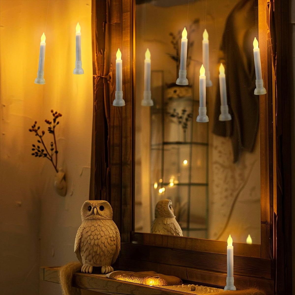 Homemory 12 Pcs Hanging Floating Candles with Wand Remote (Battery Include), Magic Deco Candles, Flameless Taper Candles Can be Used as Window Candles for Halloween Party Decor, Warm White