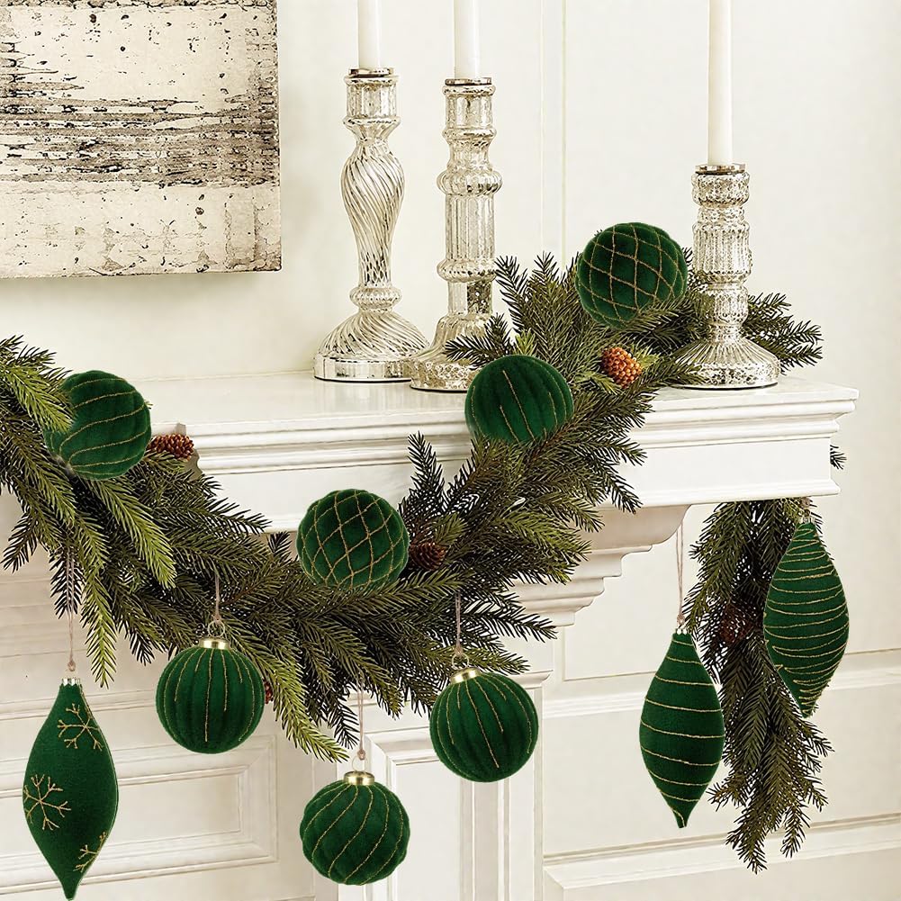 12PCS Velvet Christmas Ornaments Balls 3.15/6.6 Inch Flocked Ornament Sets Glitter Balls for Xmas Hanging Ornaments Decoration Wedding Party Holiday Decor - Evergreen Green