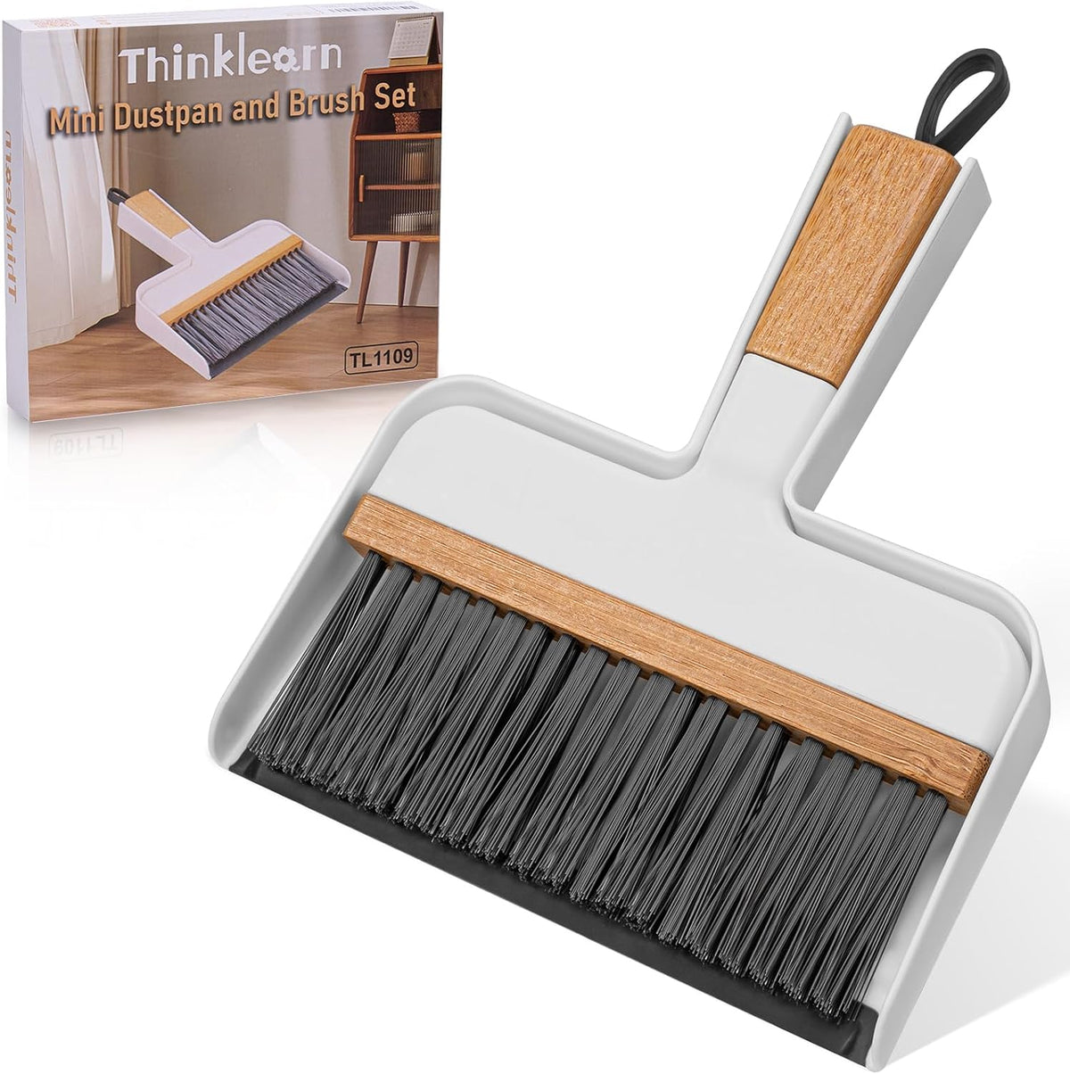 ThinkLearn Mini Dustpan and Brush Set, Bamboo Handle with Rubber Lip