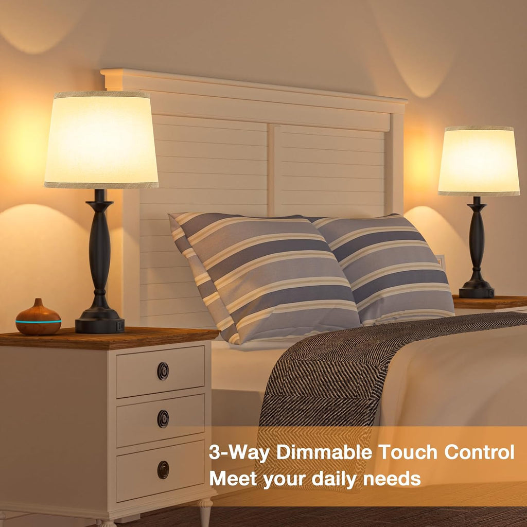 Bedroom Lamps for Nightstand, 3 Way Dimmable Black Bedside Lamps with USB
