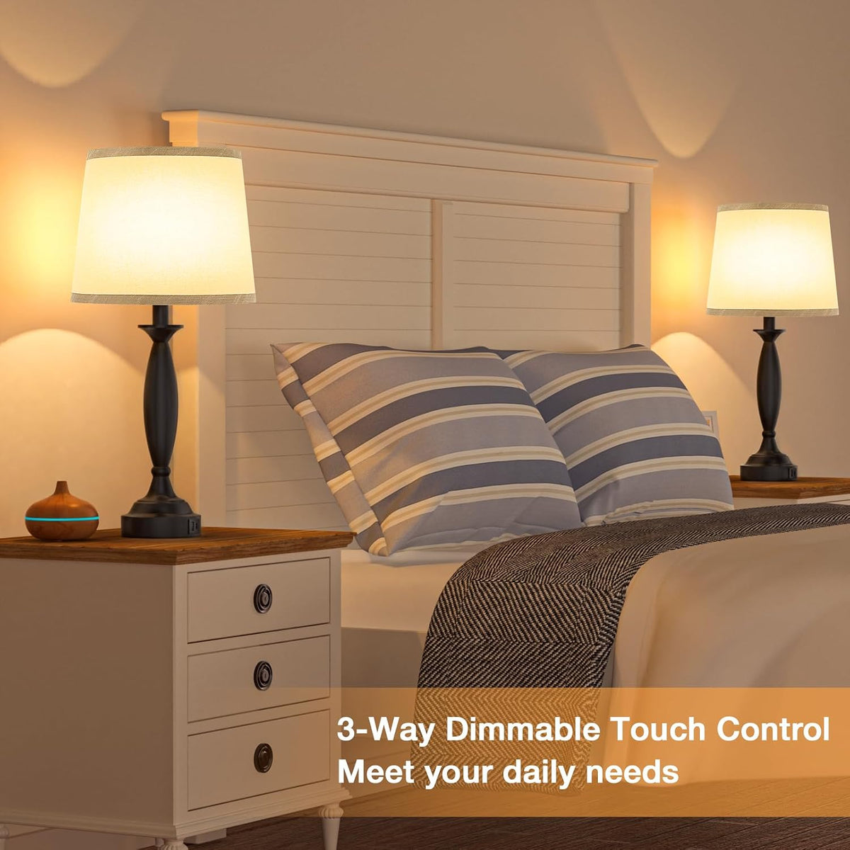 Bedroom Lamps for Nightstand, 3 Way Dimmable Black Bedside Lamps with USB