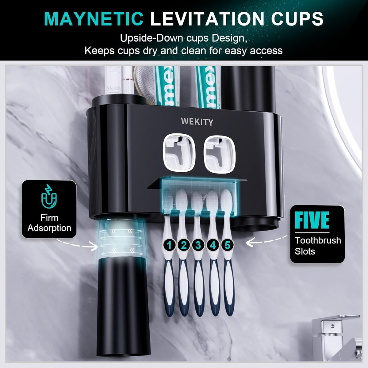 Toothbrush Holder,Multi-Functional Wall Mounted Toothbrush Holder,Toothpaste Dispenser for Bathroom with 2 Toothpaste Squeezers,5 Toothbrush Slots and 4 Cups(Black)