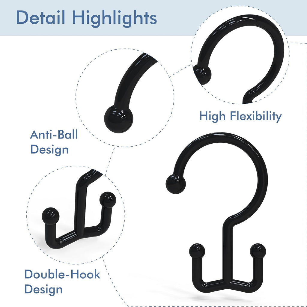 Bathway Black Plastic Shower Curtain Hooks, 24 Double Shower Curtain Rings