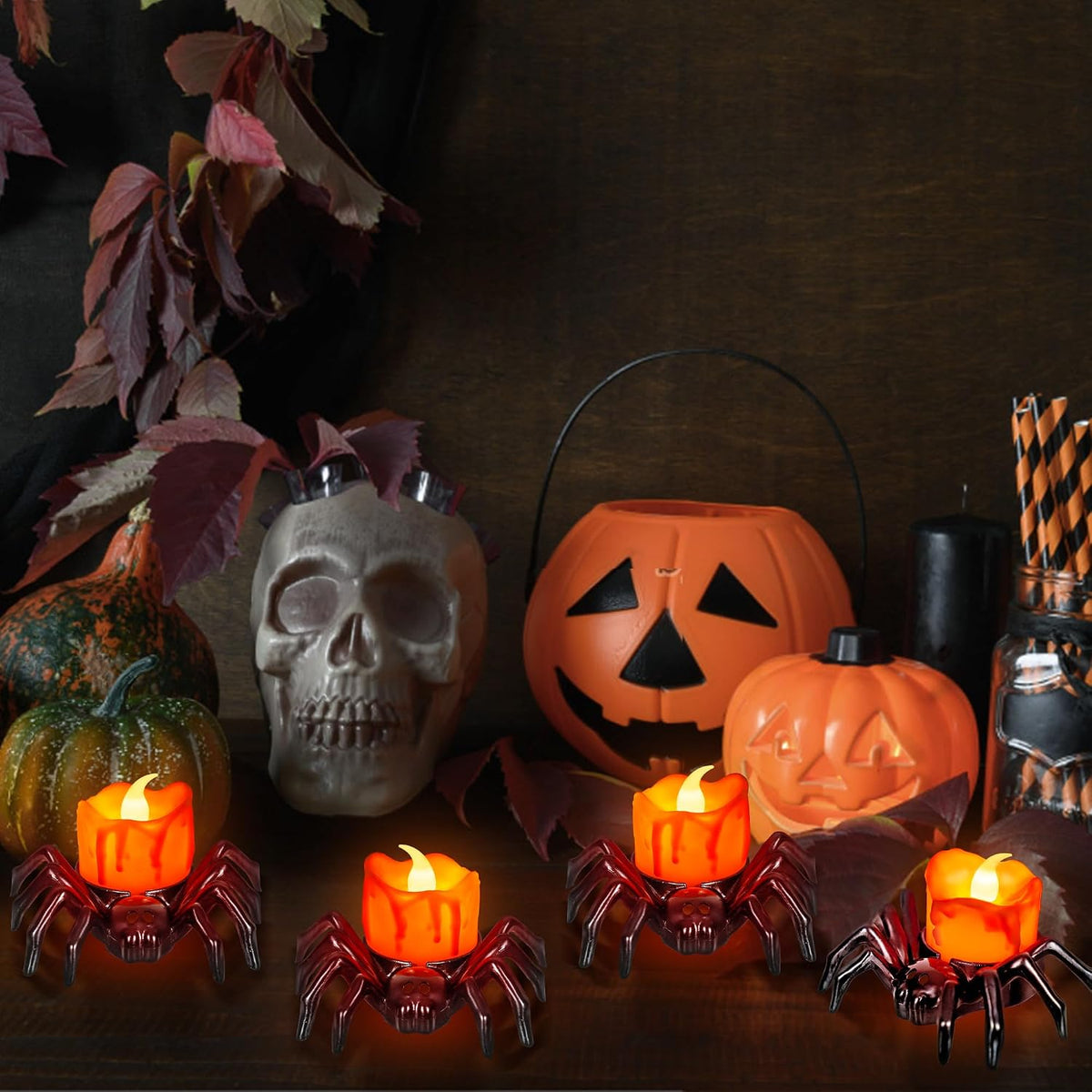 12 PCS Halloween Tea Lights Candles, Battery Operated Halloween's Flameless LED Candles, Spider Tealights Spooky Electric Flickering Fake Candle for Halloween Party Decorations
