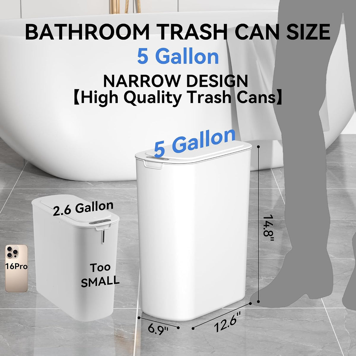 FRESHLIX Automatic Motion Sensor Bathroom Trash Can with Lid, 5 Gallon Touchless Trash Bin,Smart Electric Narrow Waterproof Garbage Bin for Toilet, Office, Bedroom, Living Room, Dorm (White