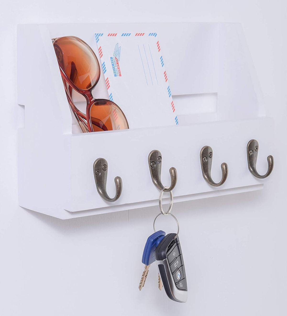 Wall Mounted Key and Mail Holder with 4 Hooks. Made of Solid Wood. Use as Key Rack, Entryway or Mudroom Organizer, Mail Sorter, Magazine Holder, Bill Sorter, Rustic Home Décor (White)