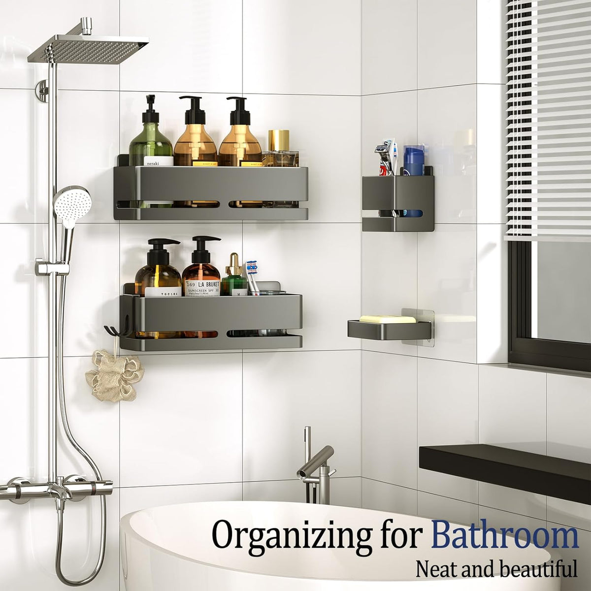 Bathroom Shower Caddy,No Drill Shower Shelves(5-piece Set-Grey)