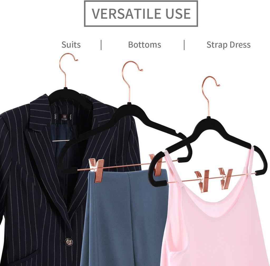 MIZGI Premium Velvet Pants Hangers with Clips (Pack of 20) Slim Skirt Hangers- Non Slip Felt Outfit Dress Hangers Black - Copper/Rose Gold Hooks,Space Saving Shirt Clothes Hangers