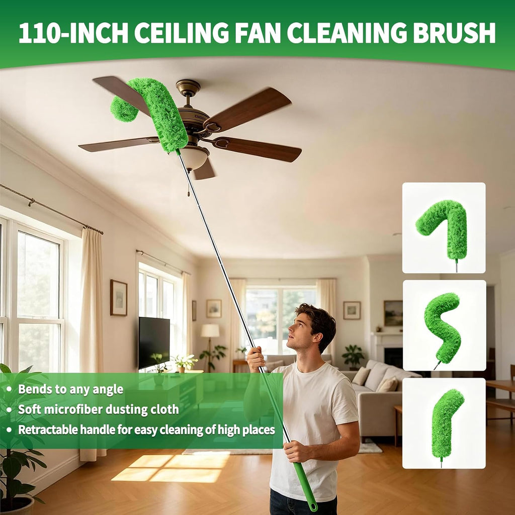 Cobweb Duster with Extension Pole, Washable Cleaning Duster Kit with 3 Duster Heads,15-110-Inch Telescoping Pole for high Ceiling Fans Duster,Crevice Brush, Corner Brush，Spider Web Brush