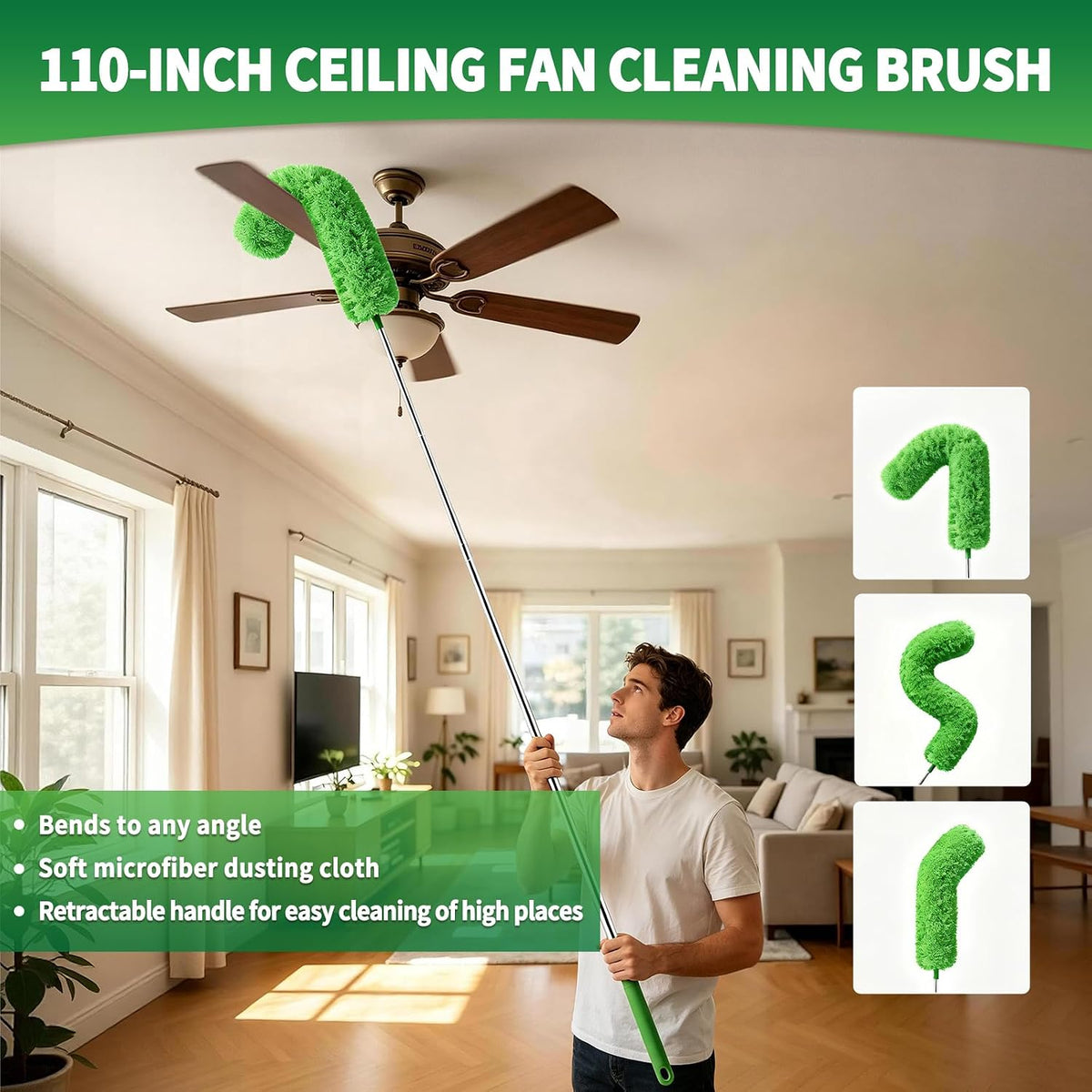Cobweb Duster with Extension Pole, Washable Cleaning Duster Kit with 3 Duster Heads,15-110-Inch Telescoping Pole for high Ceiling Fans Duster,Crevice Brush, Corner Brush，Spider Web Brush