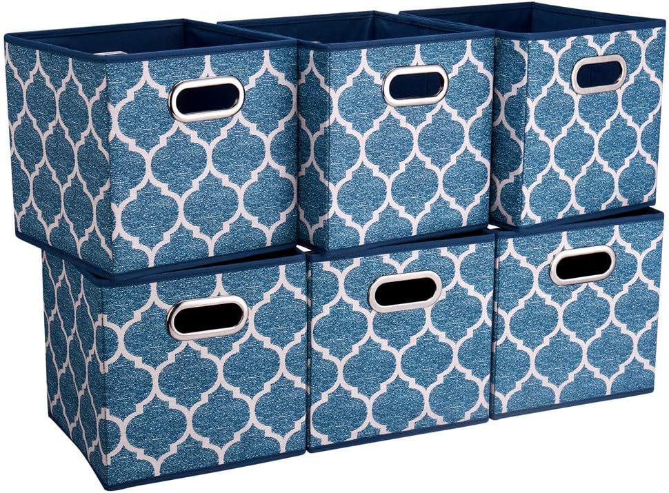 13x13x13 Inch Cube Storage Bins Blue Navy Foldable Grid Lantern Print Fabric Storage Basketes for Home Organizers Storage Drawer,QY-SC02-6