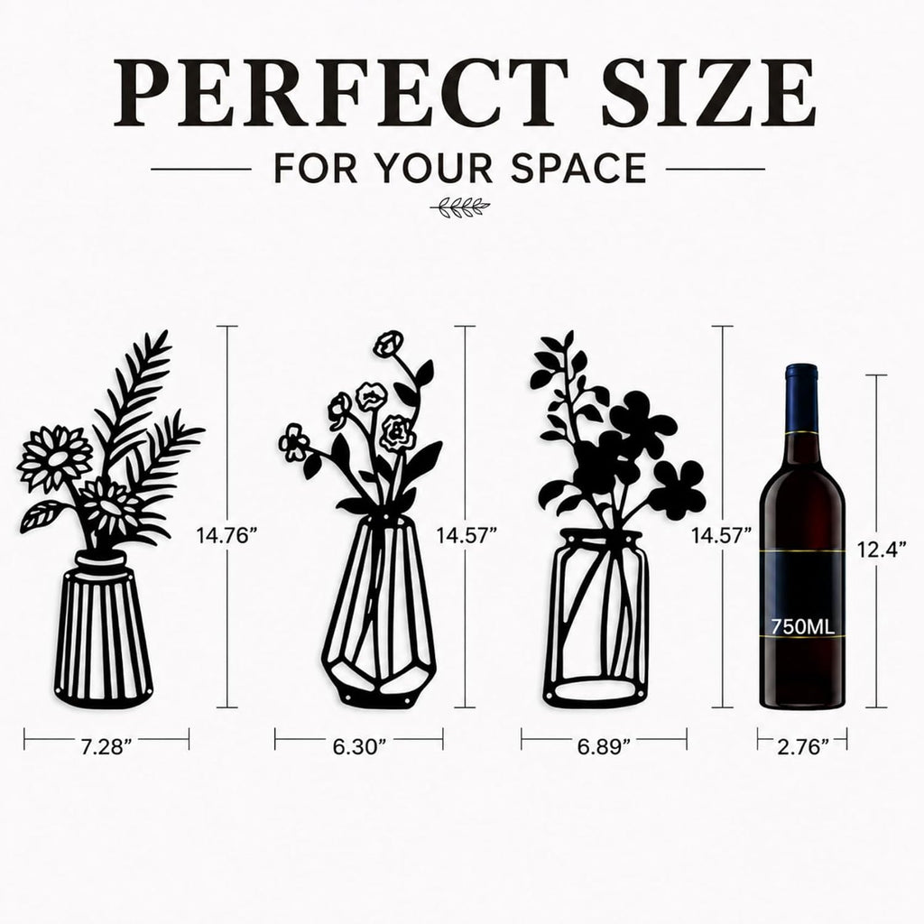 Qzmaikoo 3 Pieces Black Metal Flowers Wall Decor Vase Art Sculptures Hanging for Indoor Kitchen Bathroom Dining Room Patio, 14.56x7.48 Inches