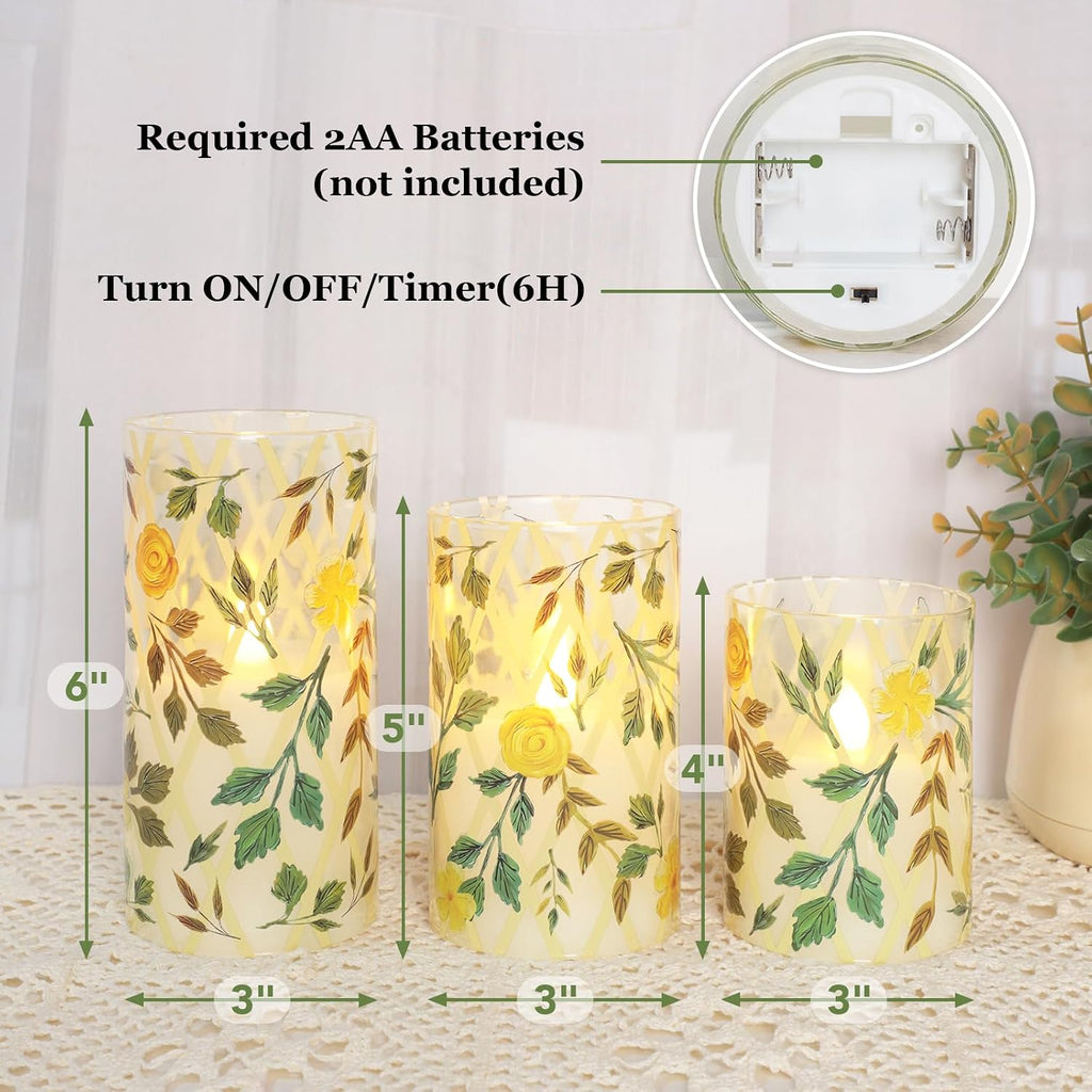 Yellow Glass Flameless Candles with Remote Vintage Rose LED Pillar Candles Battery Operated Timer & Dimmable Candle Light Rustic Farmhouse Decor for Room Wedding Table Centerpiece, 3 Pack