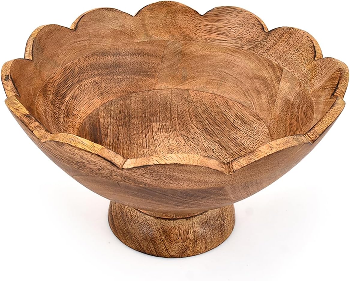 NIRMAN Fruit Bowl Mango Wood Elevated Wooden Fruit Holder for Rustic, Farmhouse, or Modern Table Décor for Kitchen Decor, Dining Room (10" X 10" X 4.75")