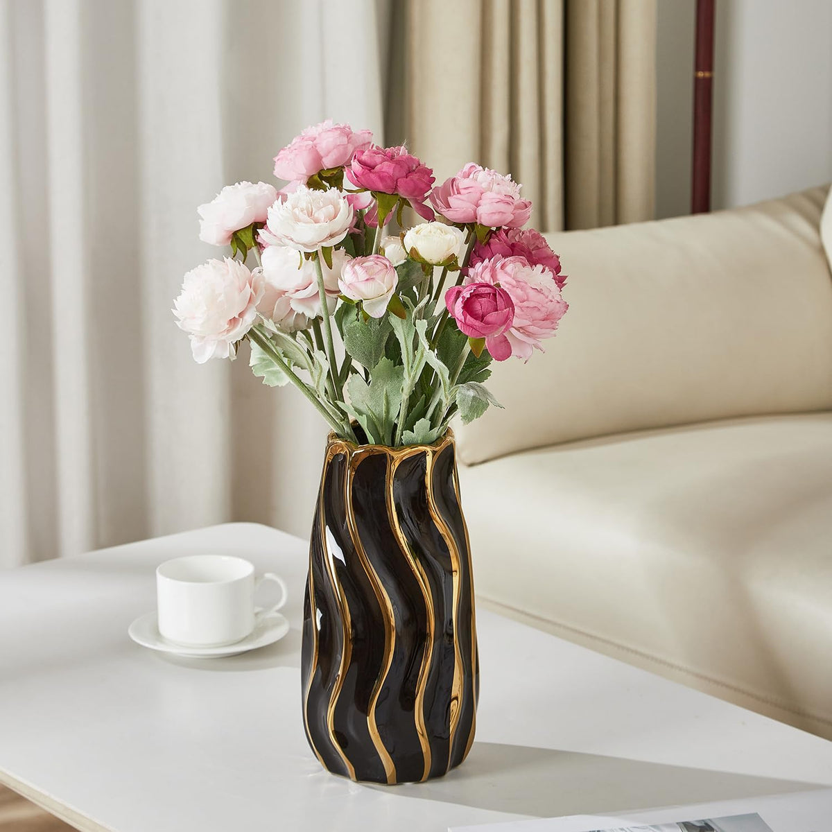 Black Ceramic Vase for Home Decor, Vertical Stripe Decorative Flower Vase for Bedroom, Office, Living Room, Bathroom, Tabletop Decor