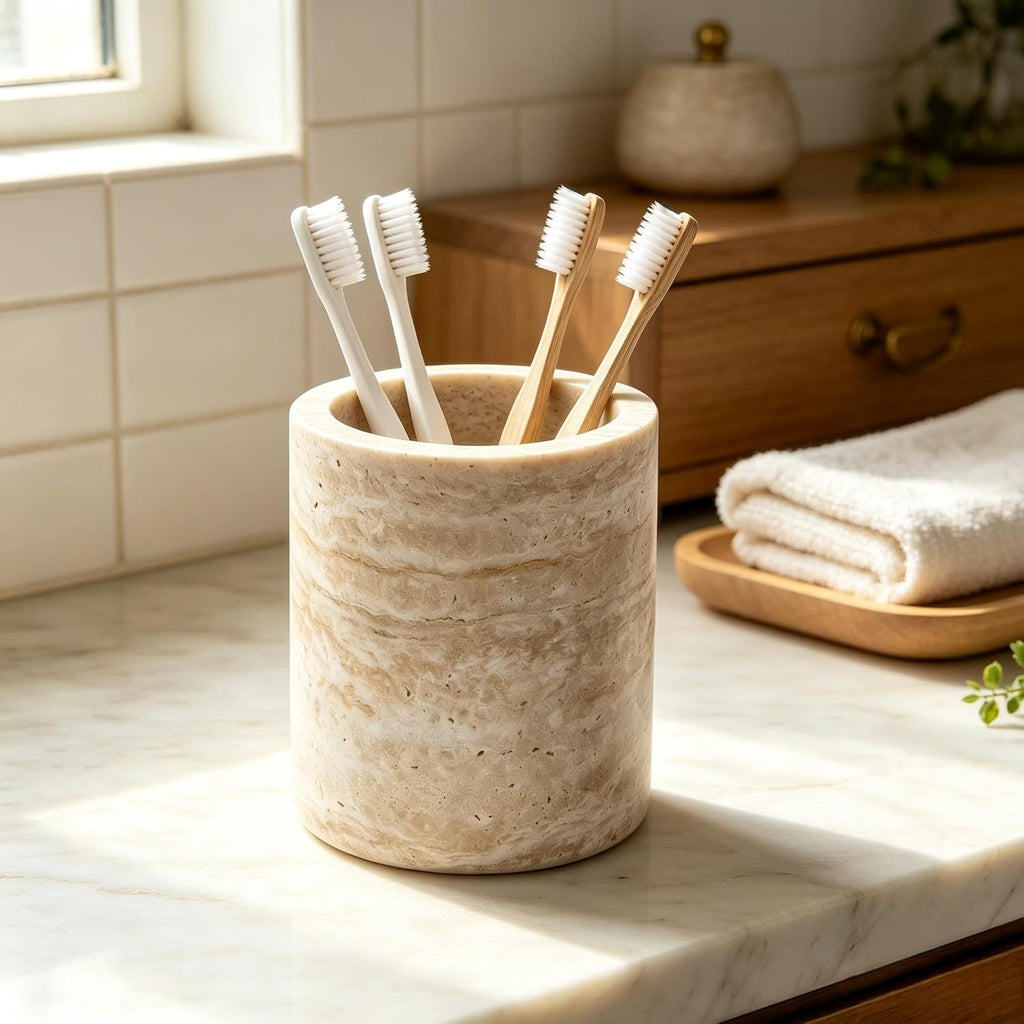 Natural Marble Canister, Cotton Swab Holder with Lid, Marble Toothbrush Holder Qtip Holder Storage for Cotton Swab, Floss Picks, Makeup Pad, Bath Salt, Beige White Travertine(NS019)