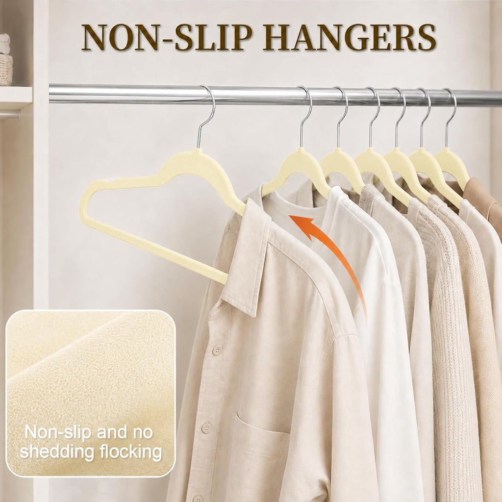 Velvet Felt Hangers 50 Pack, Non Slip, Slim, Space Saving, Ivory