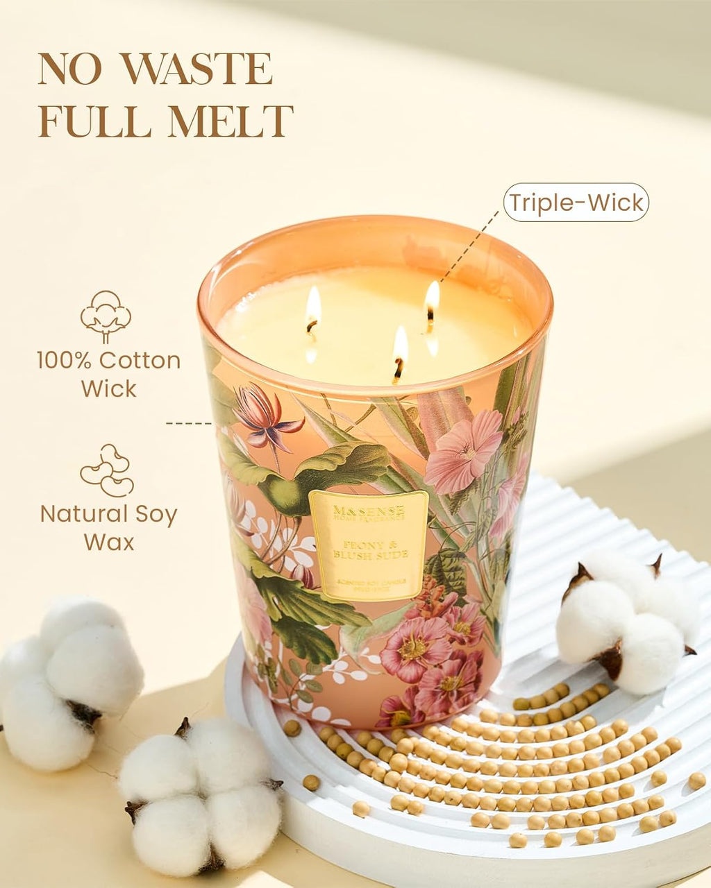 M&SENSE Peony Blush Suede Soy Candle, 35oz 3-Wick, Summer Romantic Gift