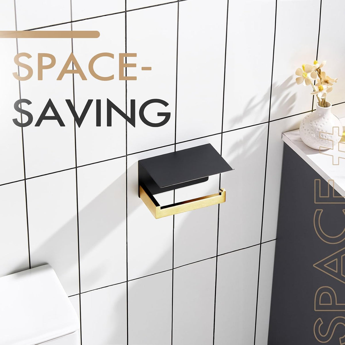 KOKOSIRI Toilet Paper Holders with Shelf Bathroom Toilet Paper Roll Holder Wall Mounted T-304 Stainless Steel, Matte Black and Gold B2010GDK (Pack of 2)