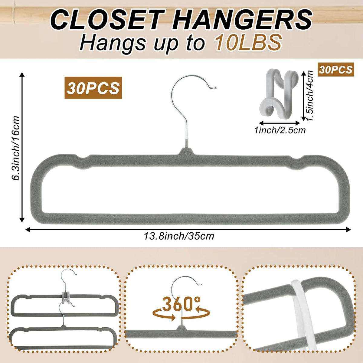 Pants Hangers Space Saving, 30 Pack Velvet Hangers for Closet with 30 Hooks, Strong Durable Non Slip Slim Clothes Hanger, Ultra Soft Flocked Hanger for Pants, Shirts, Bra, Shorts (Grey)