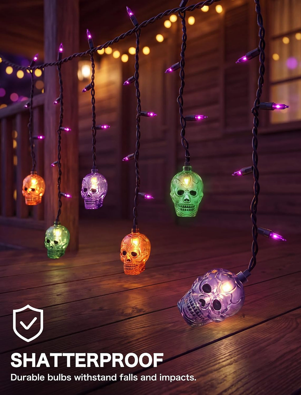 SUNSGNE 7FT 50 Count LED Halloween Skull Curtain Lights, Plug-in