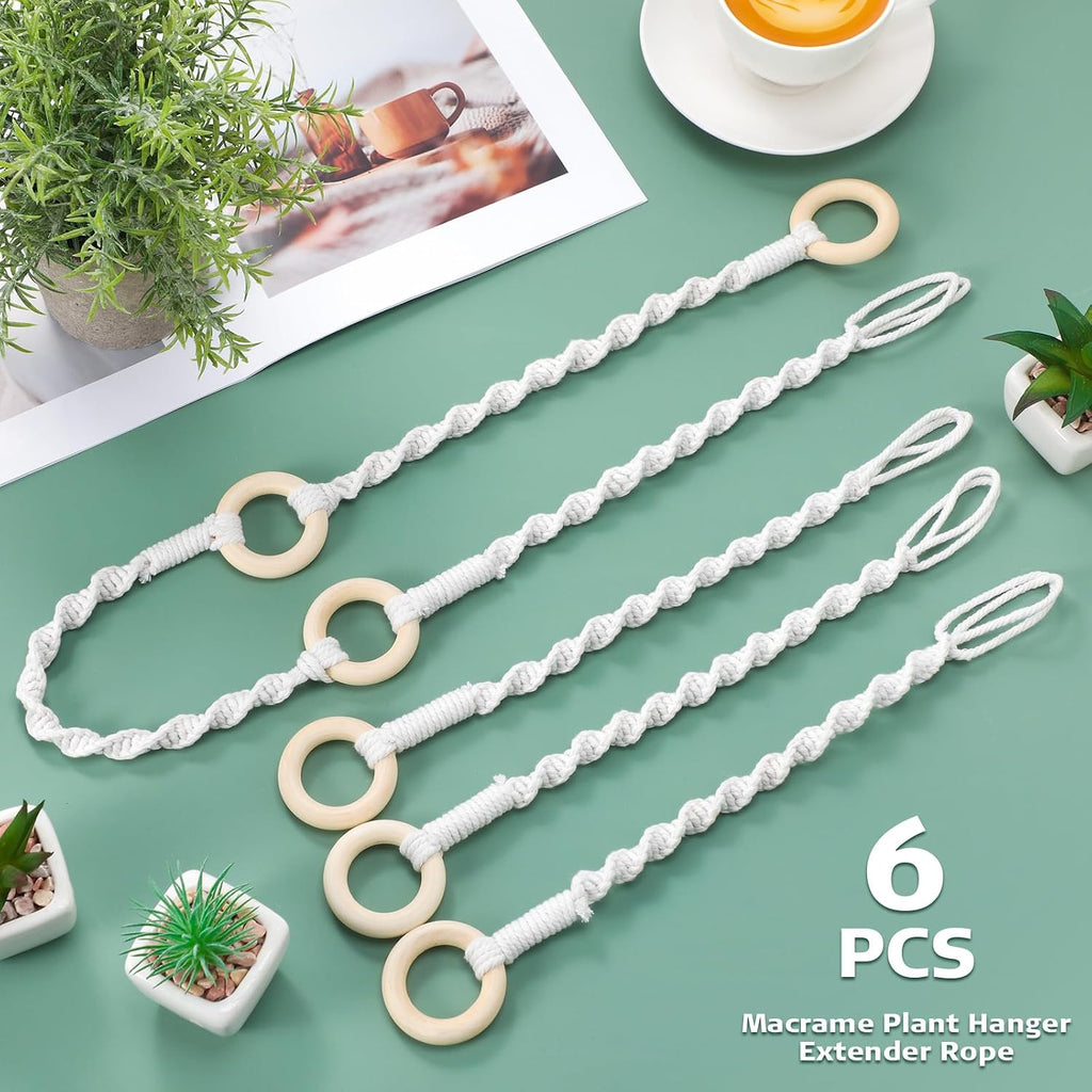 6 Pack Adjustable Macrame Plant Hanger Extender Handmade Woven Hanging Basket Extenders Connectable Rope Hanging Extension with Wooden Ring for Indoor Outdoor Plant Pot Holder