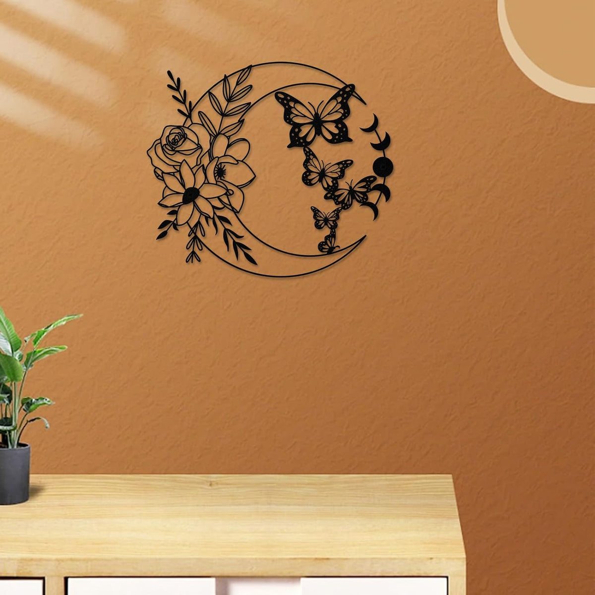 ruelen Moon Butterfly Metal Wall Decor Boho Wall Art Floral Wall Hanging