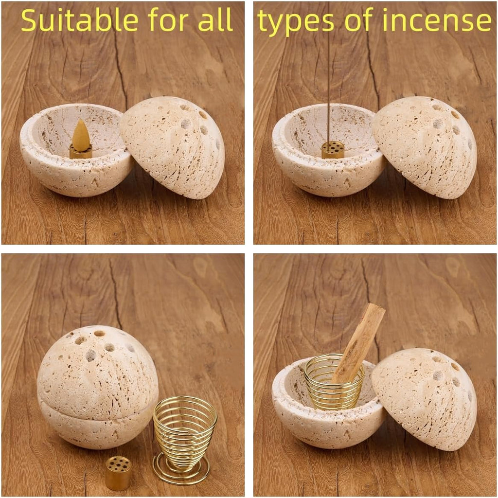 Handmade Travertine Stone Incense Resin Burner Holder – Natural Stone Incense Burner with Brass Insert for Home Decor & Relaxation