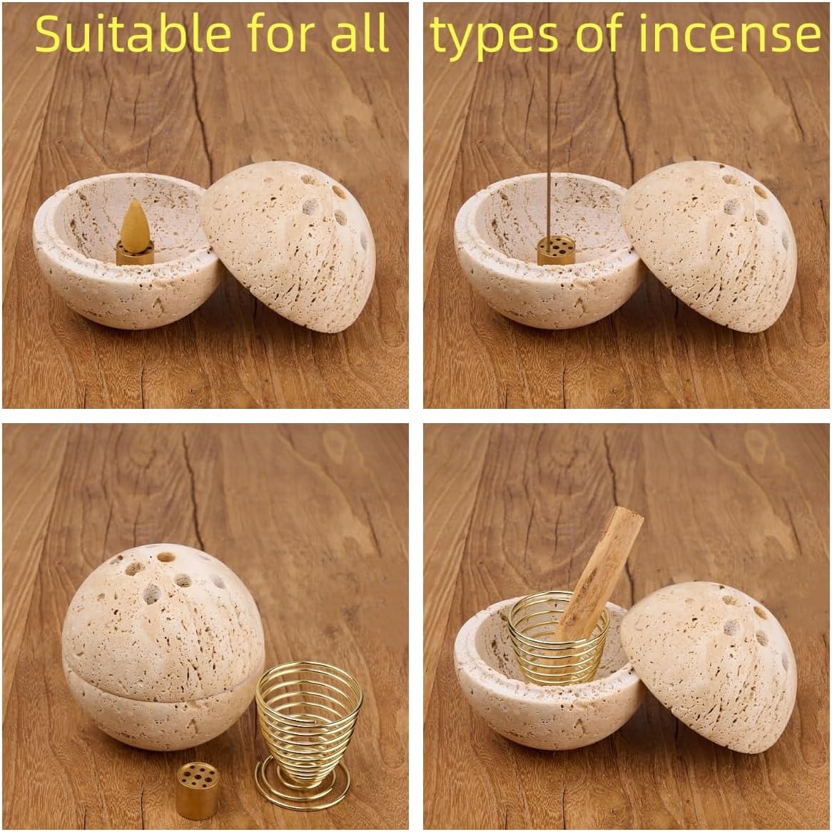 Handmade Travertine Stone Incense Resin Burner Holder – Natural Stone Incense Burner with Brass Insert for Home Decor & Relaxation