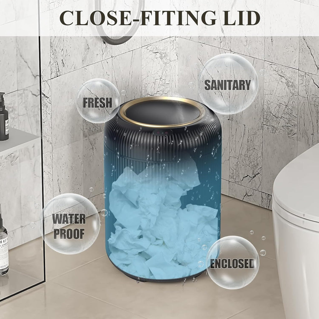 Motion Sensor Bathroom Trash Can with Lid,Black and Gold Garbage Can