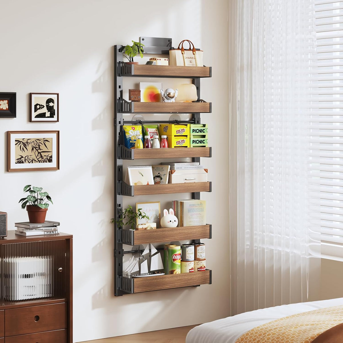 6-Tier Over The Door Pantry Organizer, Heavy-Duty Metal Wall Mount or Hanging Spice Rack, behind the door storage Shelves with Adjustable Basket, Back of Door Organizer for Kitchen Cabinet and Closet