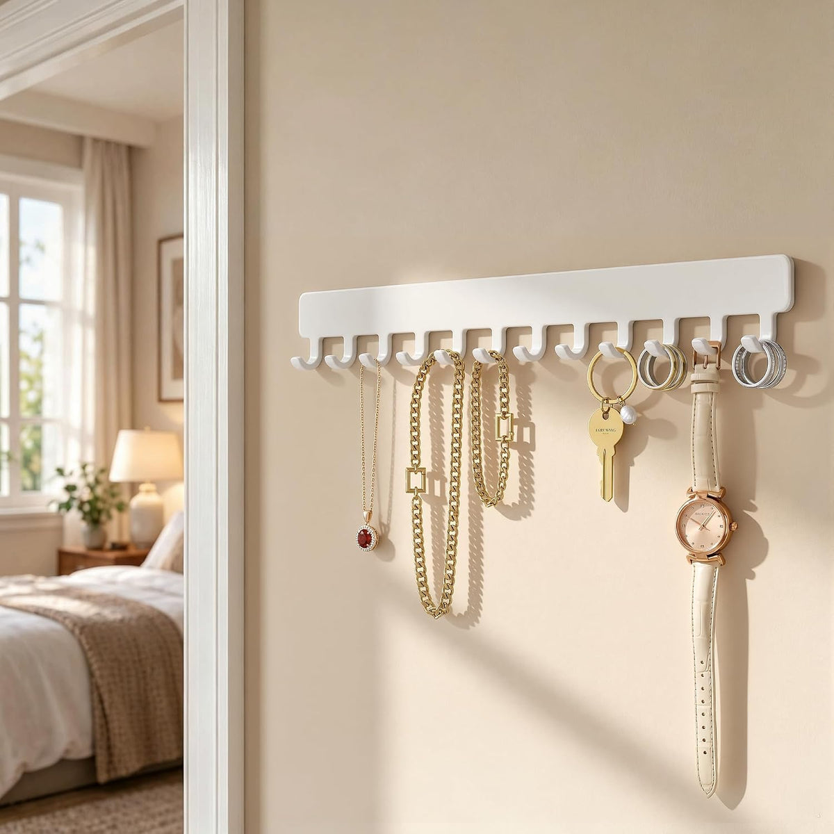 Self-Adhesive Necklace Holder, Wall Mounted Jewelry Organizer, White