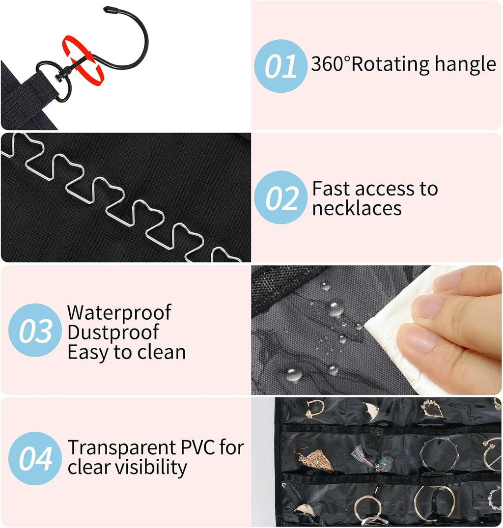 Bloss Hanging Jewelry Organizer with 48 Pockets, Double-Size Hanging Jewelry Holder with Hanger Hooks, Jewelry Organizers and Storage for Earrings, Necklaces and Rings.(All Black)