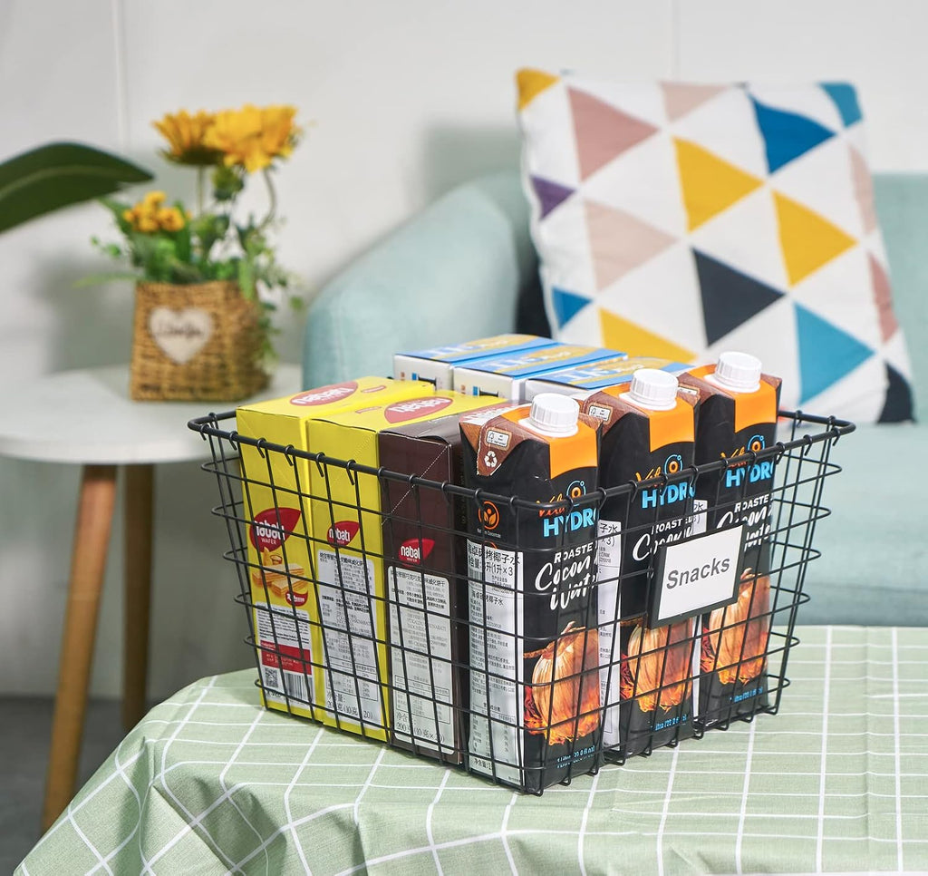 JUNCHU CHERRY 4 Pack【Large】 Wire Handmade Storage Basket for Organizing Household Goods,Pantry Organization,Bathroom countertop,Laundry,Wardrobe Storage Basket,Black