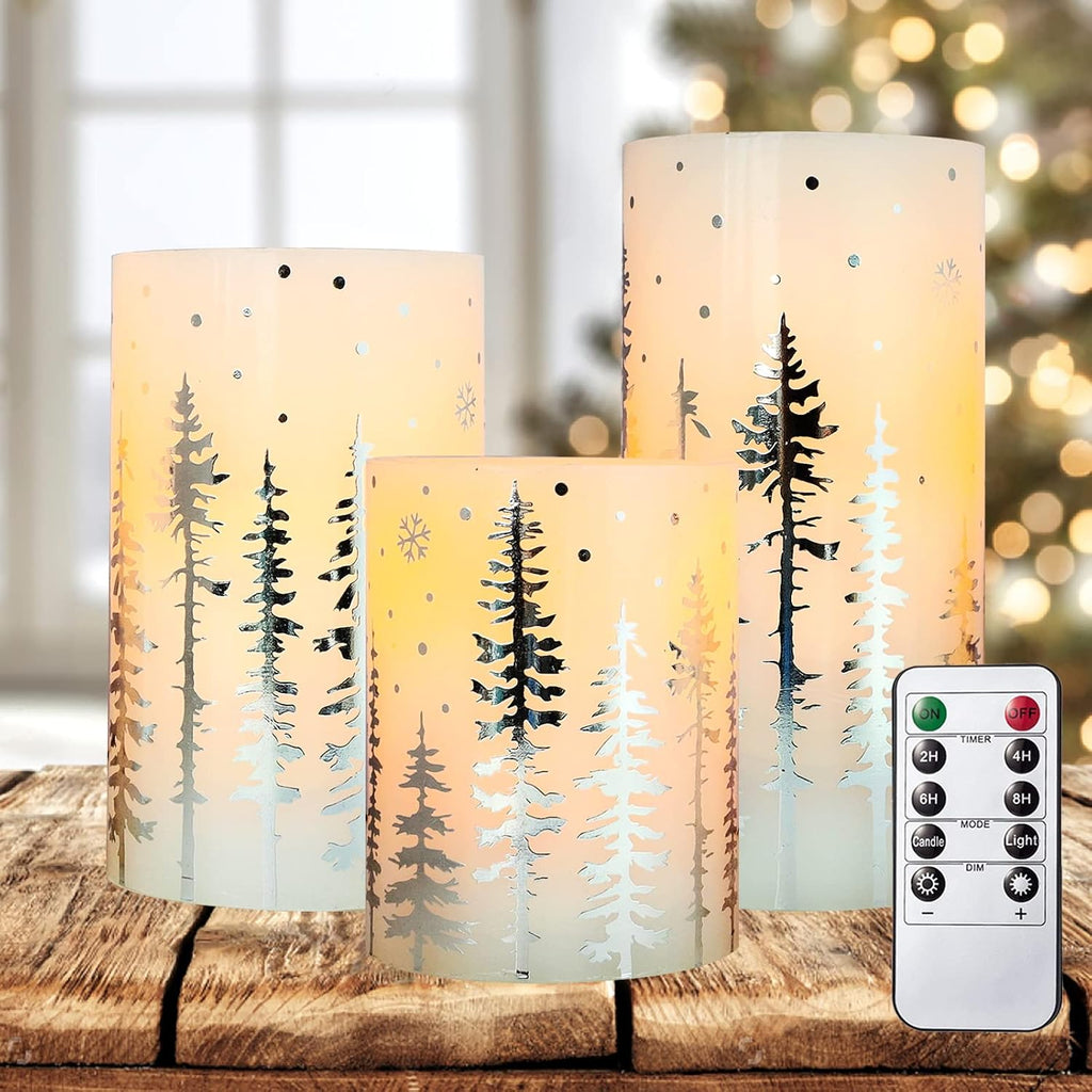 Christmas Flameless Pillar Candles, Holiday Led Candles with Timer Remote, Silver Battery Operated Flickering Candles for Christmas Home Decorations, Centerpiece.