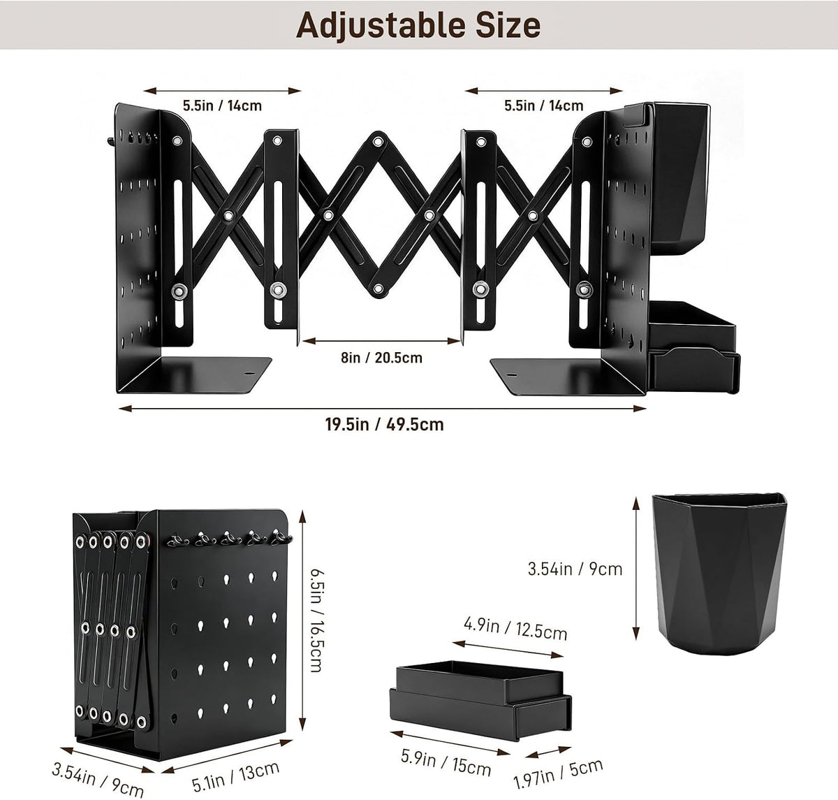 Adjustable Bookends with Mini Pegboard 6 Hooks/Pen Holder/Tray for Desktop